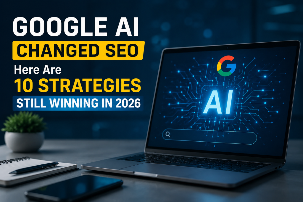 Google AI changing SEO strategies in 2026 with AI-powered search, modern SEO techniques, and future digital marketing trends displayed on a laptop screen.