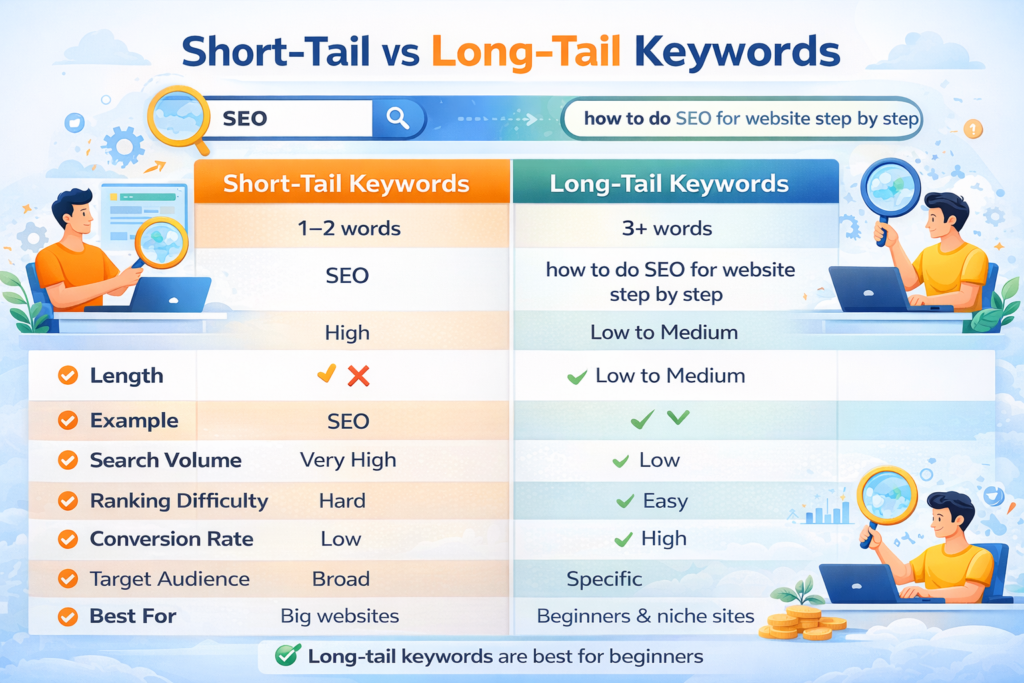 short tail keywords & long tail keywords