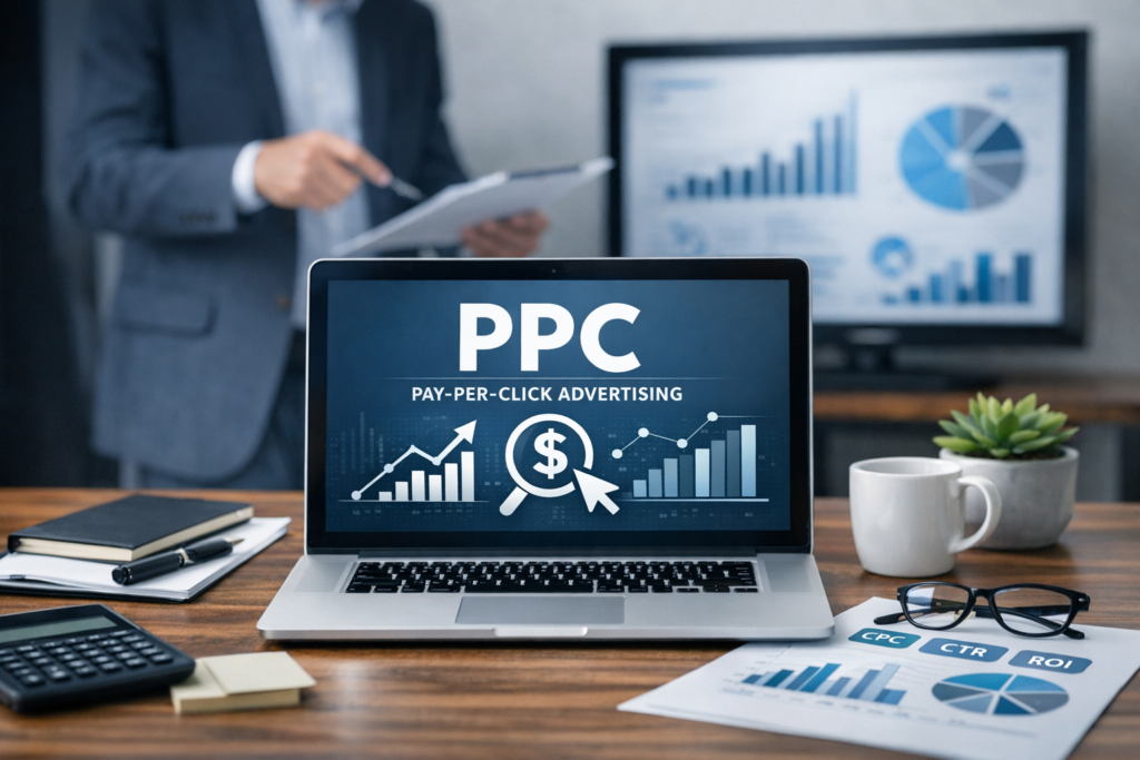 Professional PPC digital marketing concept showing laptop with pay-per-click advertising dashboard, analytics charts, and business workspace setup for online advertising strategy