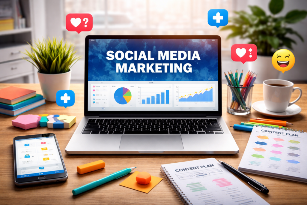 Professional social media marketing workspace showing laptop with analytics dashboard, content planning tools, and engagement metrics for digital marketing strategy